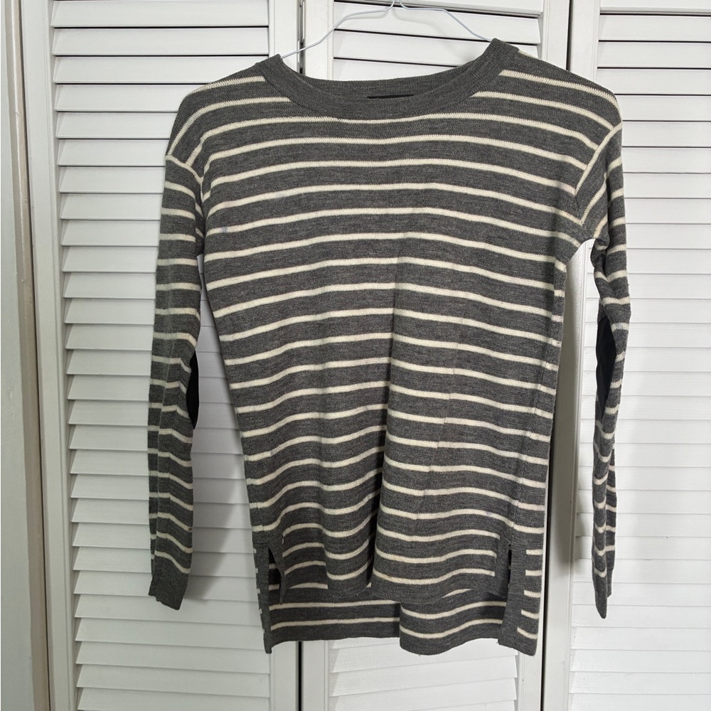 J. Crew Gray and White Striped Crewneck Sweater